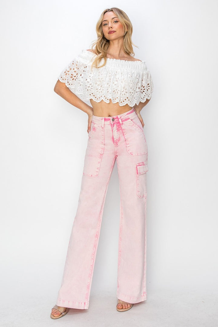 RISEN - Wide Leg Pink Acid Wash Cargo Jeans - Inspired Eye Boutique