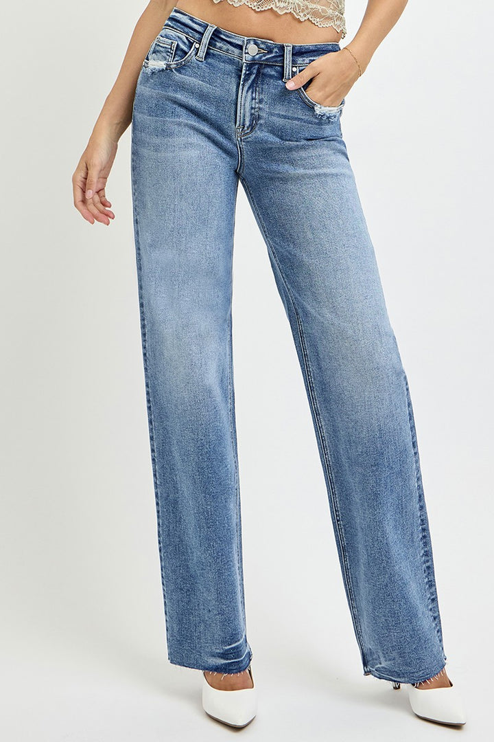 RISEN - Wide Leg Raw Hem Medium Wash Jeans - Inspired Eye Boutique