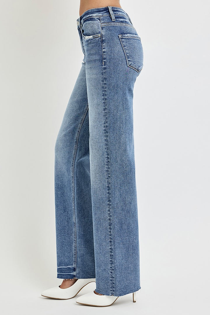 RISEN - Wide Leg Raw Hem Medium Wash Jeans - Inspired Eye Boutique