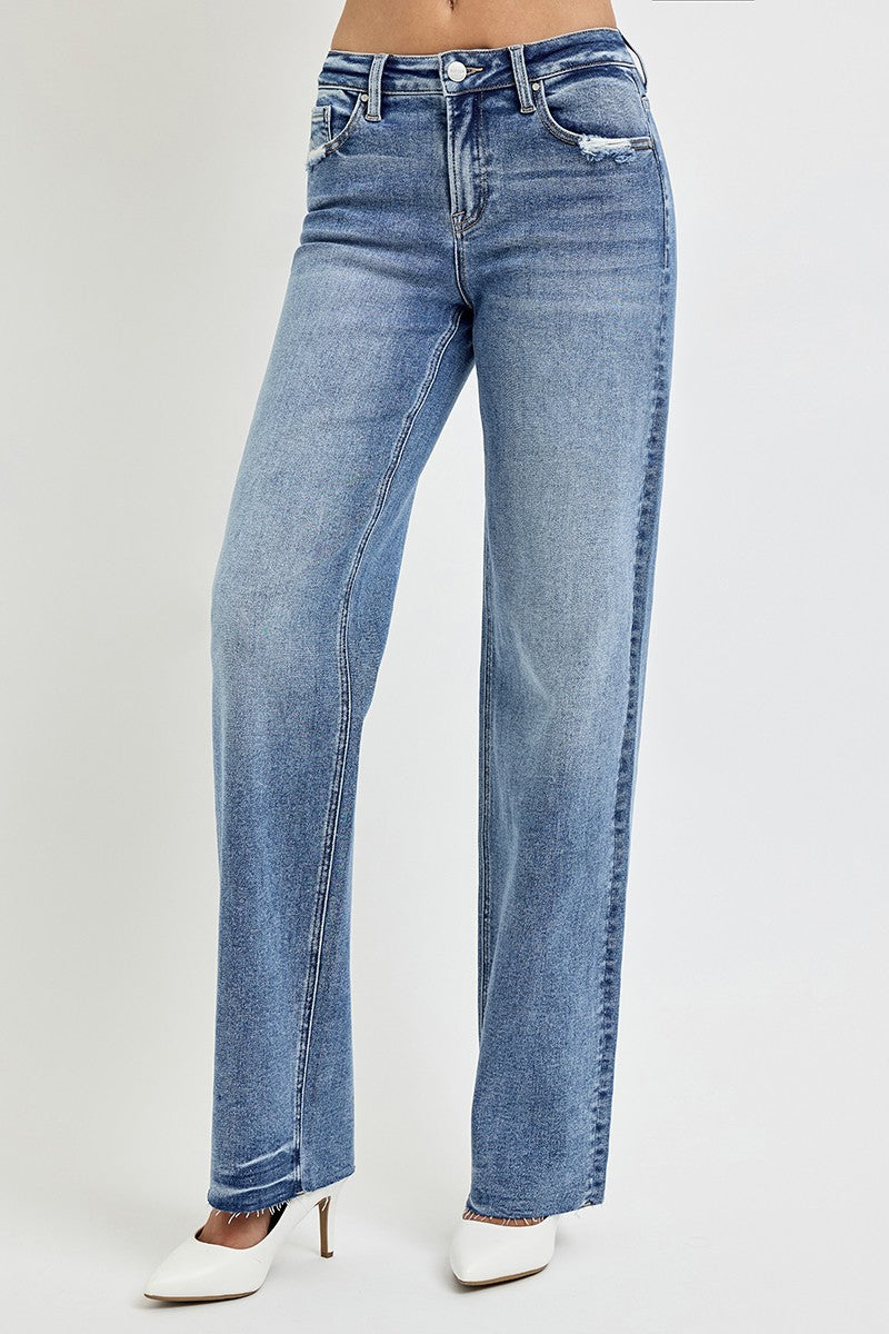 RISEN - Wide Leg Raw Hem Medium Wash Jeans - Inspired Eye Boutique