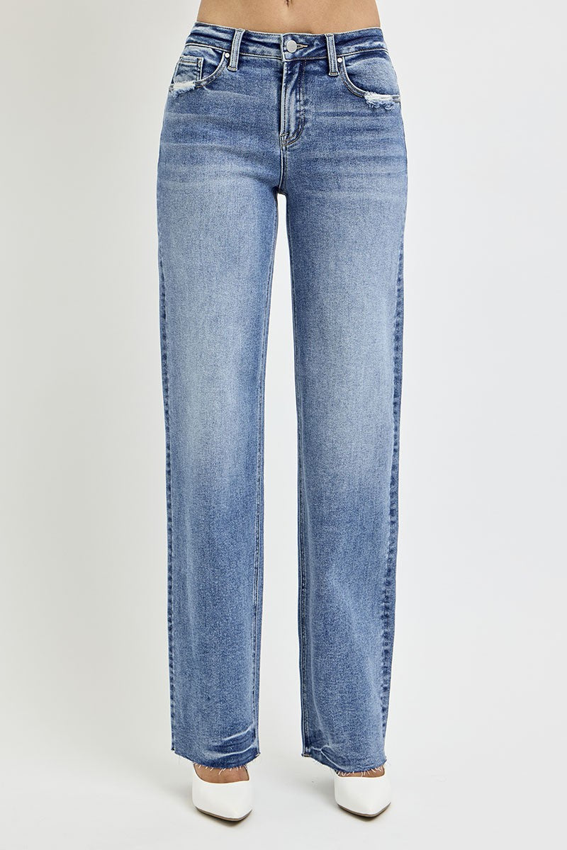 RISEN - Wide Leg Raw Hem Medium Wash Jeans - Inspired Eye Boutique