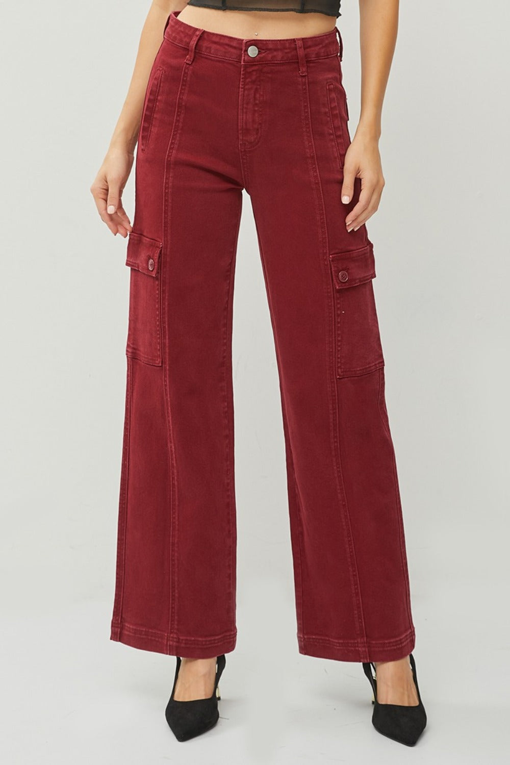 RISEN - Wide Leg Wine Red Cargo Jeans - Inspired Eye Boutique