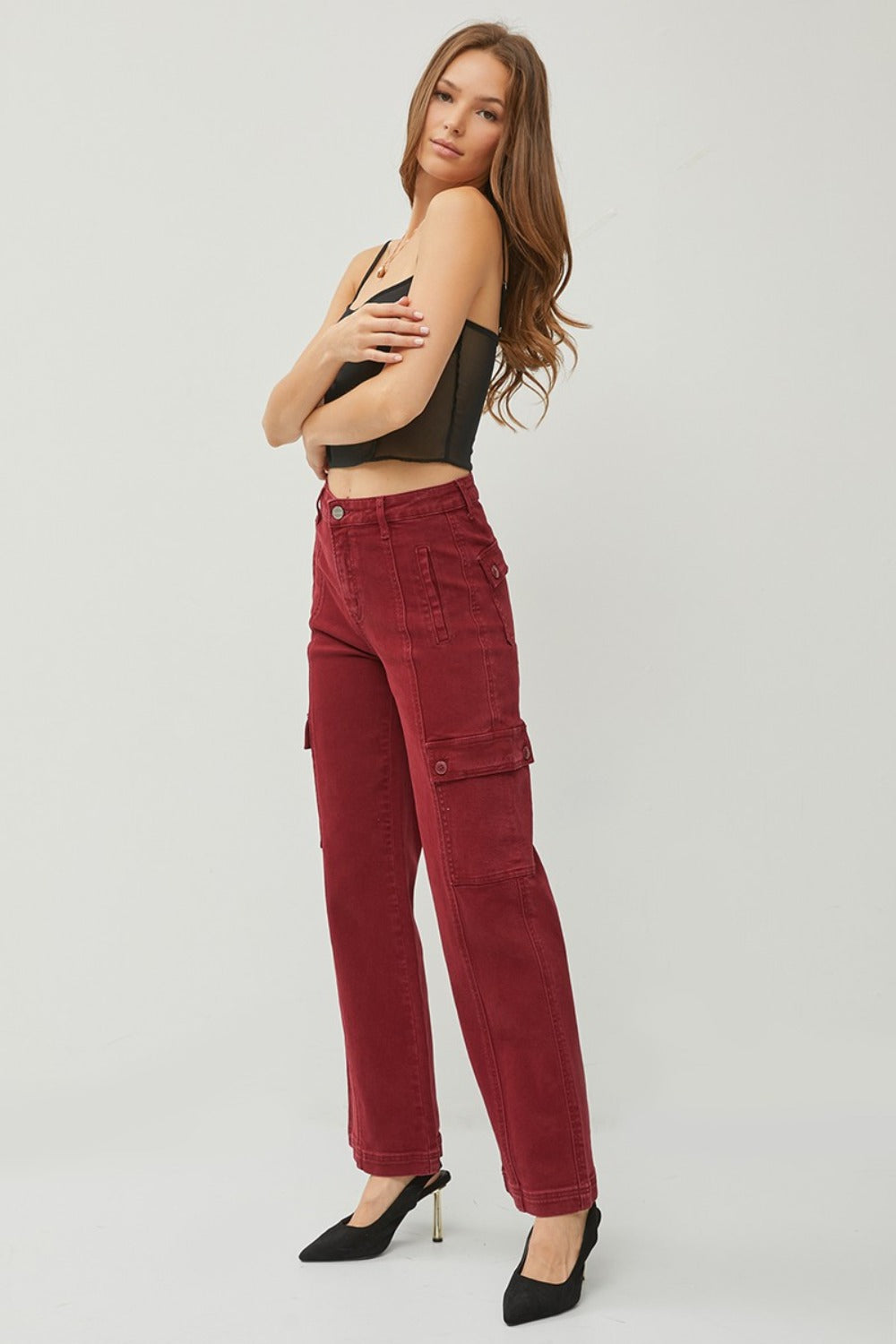 RISEN - Wide Leg Wine Red Cargo Jeans - Inspired Eye Boutique