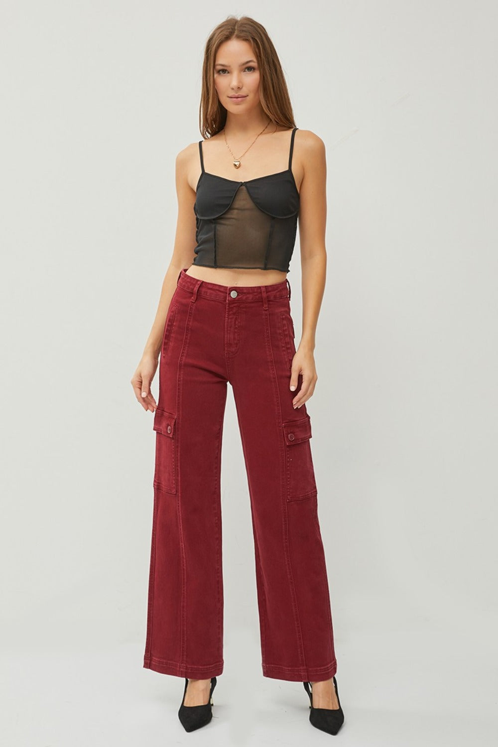 RISEN - Wide Leg Wine Red Cargo Jeans - Inspired Eye Boutique