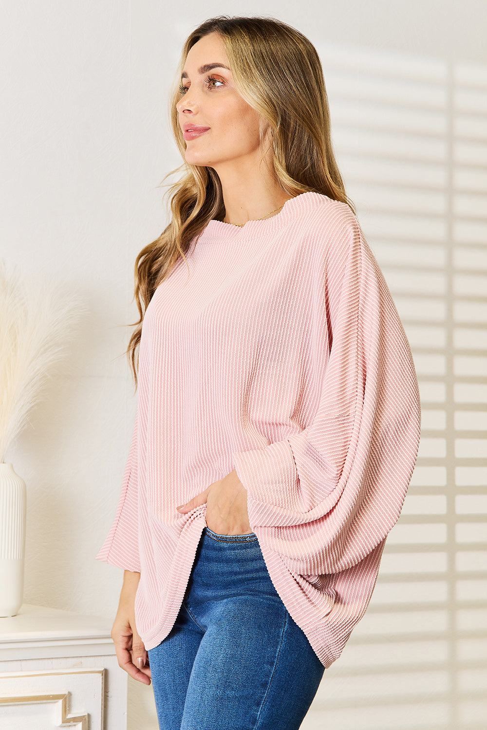 Womens Ribbed Long Sleeve Pink Top - Inspired Eye Boutique