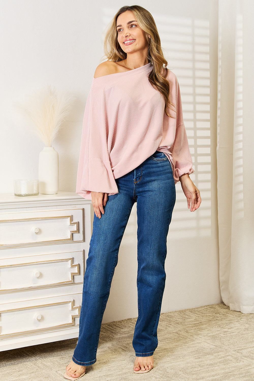 Womens Ribbed Long Sleeve Pink Top - Inspired Eye Boutique
