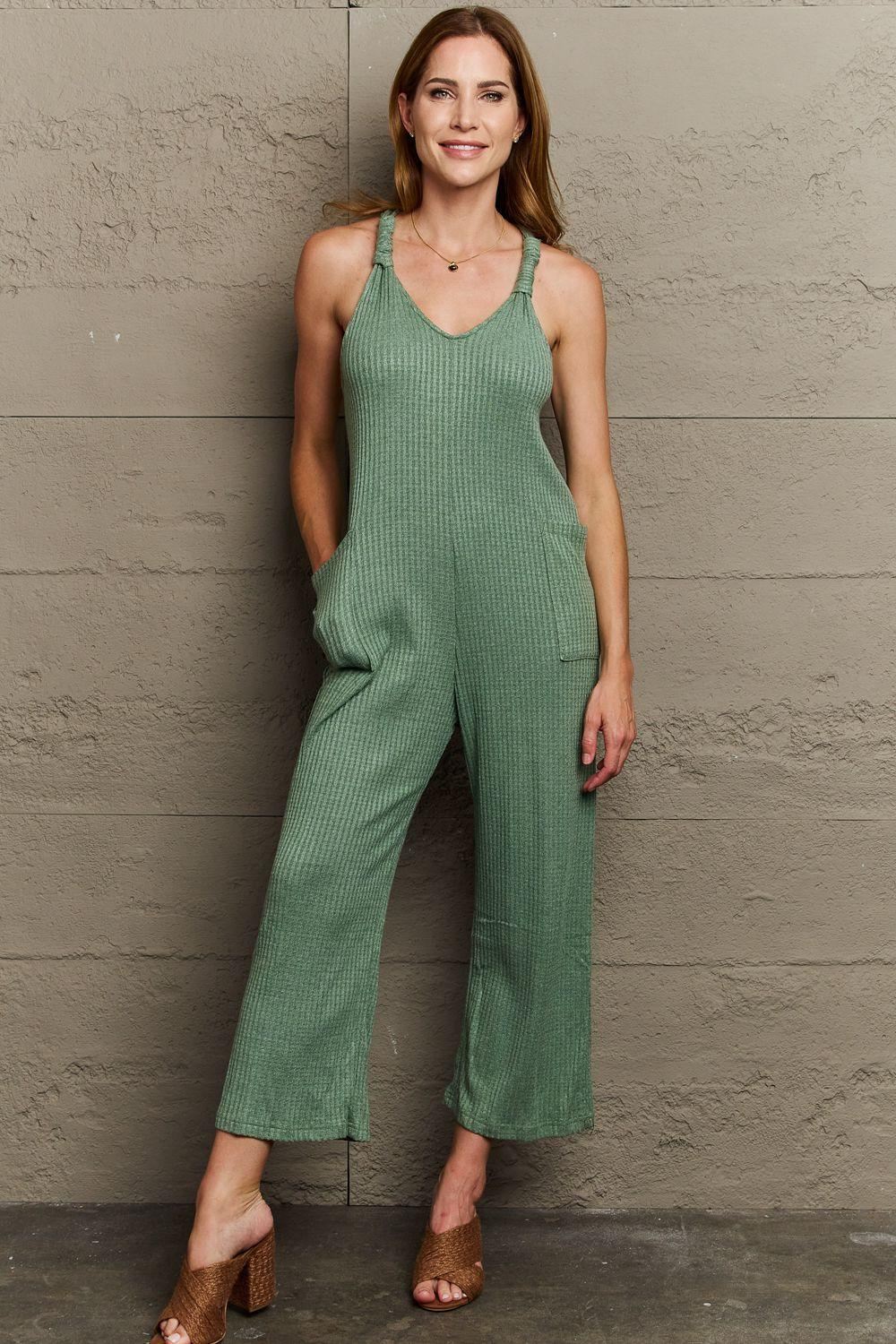 Sage Green Twisted Rib Knit Jumpsuit - Inspired Eye Boutique