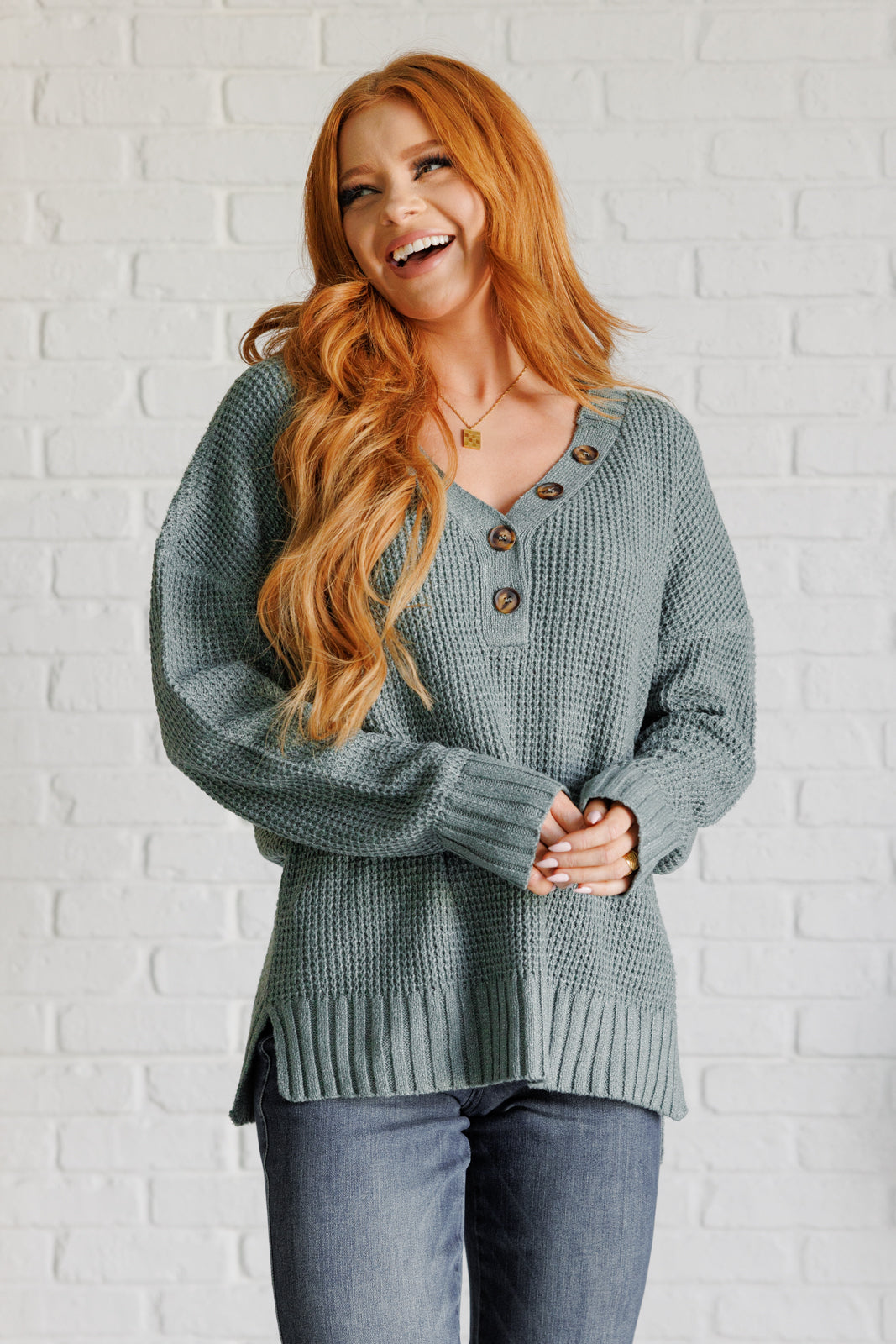 Sage Green Waffle Knit Long Sleeve Sweater - Inspired Eye Boutique