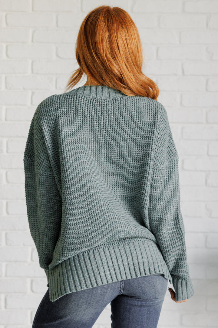 Sage Green Waffle Knit Long Sleeve Sweater - Inspired Eye Boutique