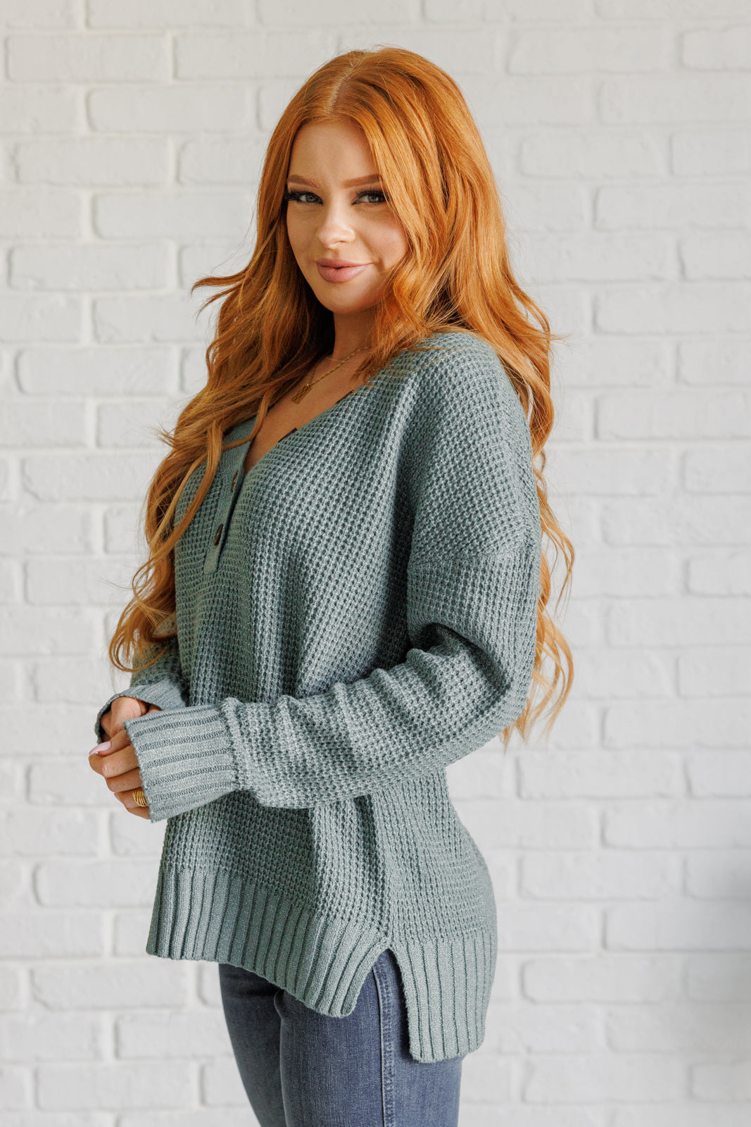 Sage Green Waffle Knit Long Sleeve Sweater - Inspired Eye Boutique