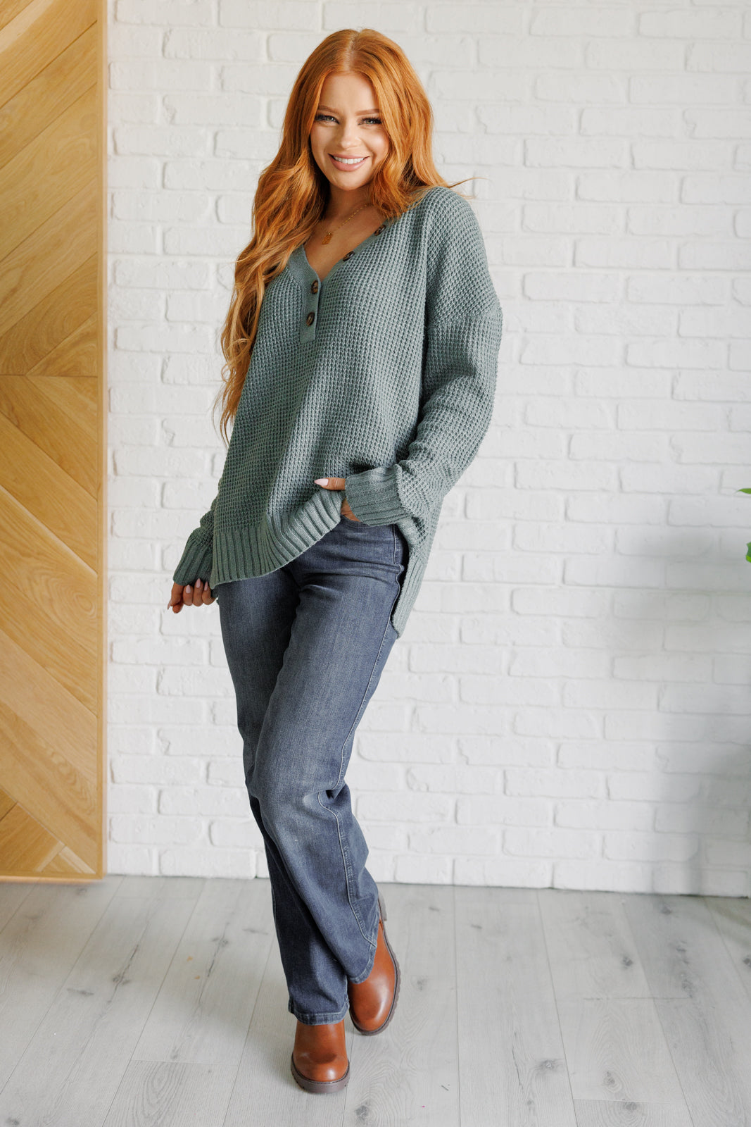 Sage Green Waffle Knit Long Sleeve Sweater - Inspired Eye Boutique