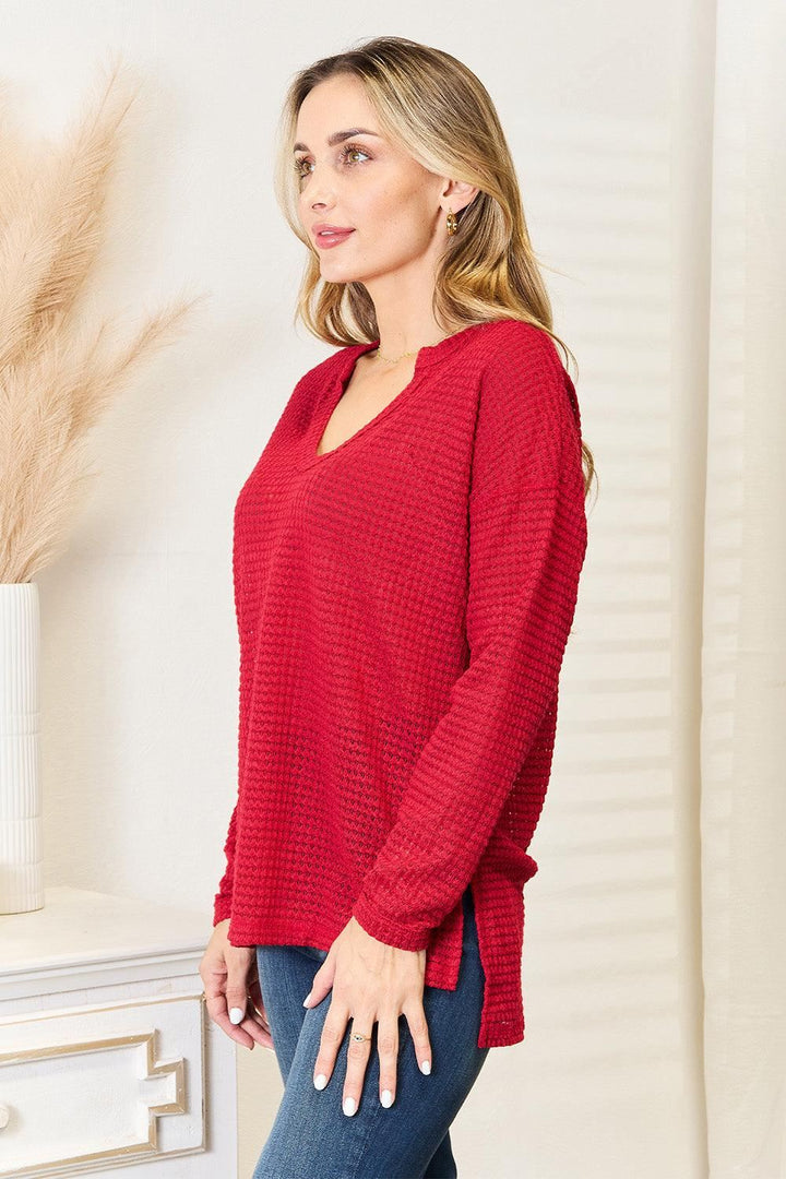 Waffle Knit Long Sleeve Shirt - Red - Inspired Eye Boutique