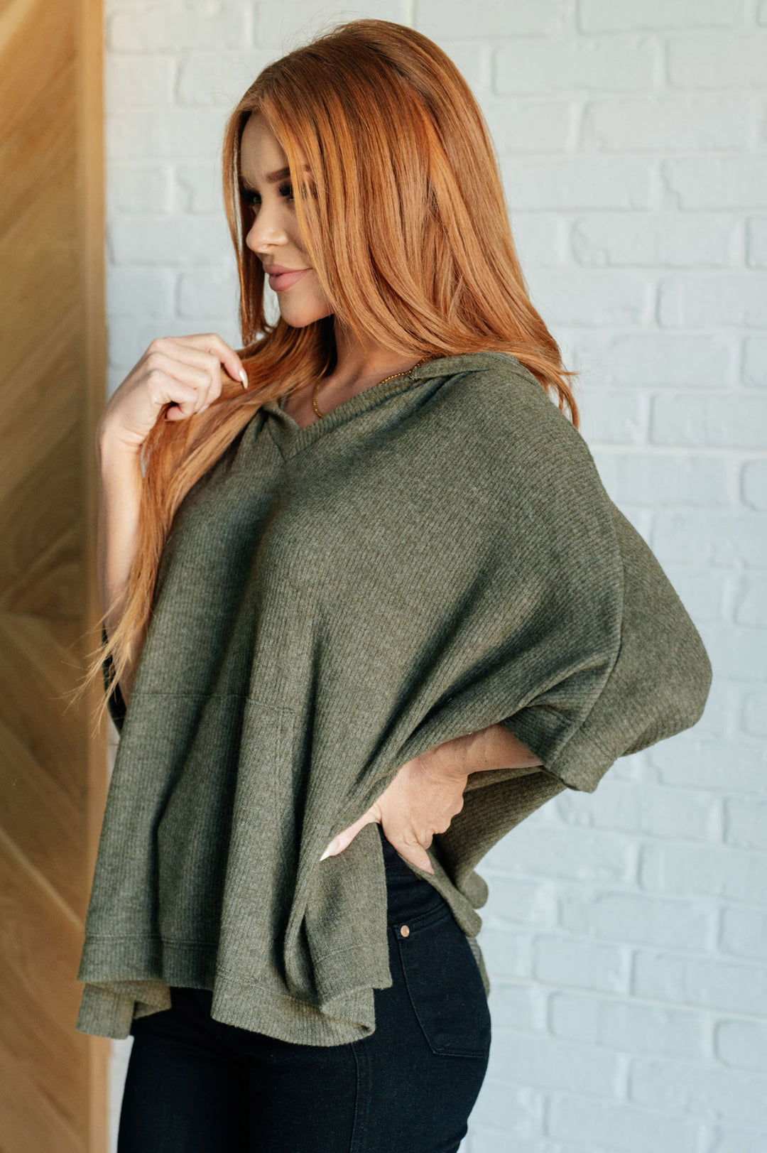 Short Sleeve Hooded Poncho - Olive Green - Inspired Eye Boutique