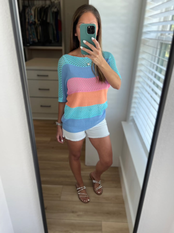 Short Sleeve Open Knit Striped Top - Inspired Eye Boutique