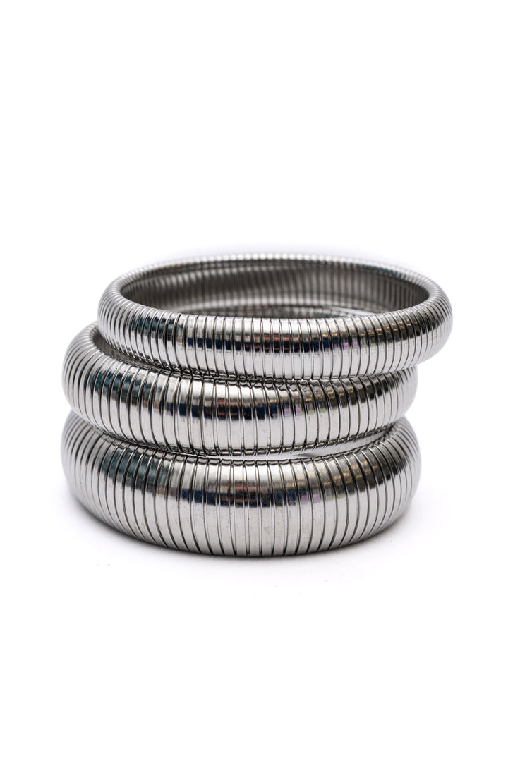 Silver Ribbed Bangle Bracelet Set - Inspired Eye Boutique