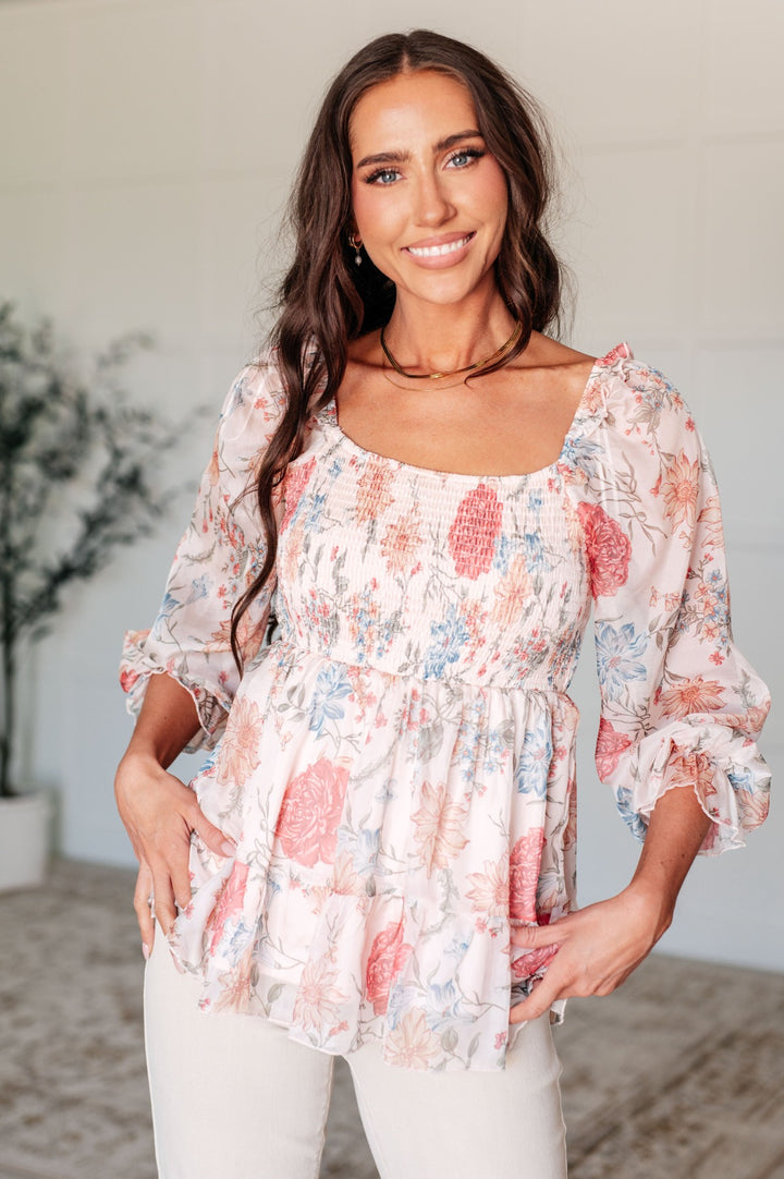 Smocked Long Sleeve Sheer Floral Blouse - Inspired Eye Boutique