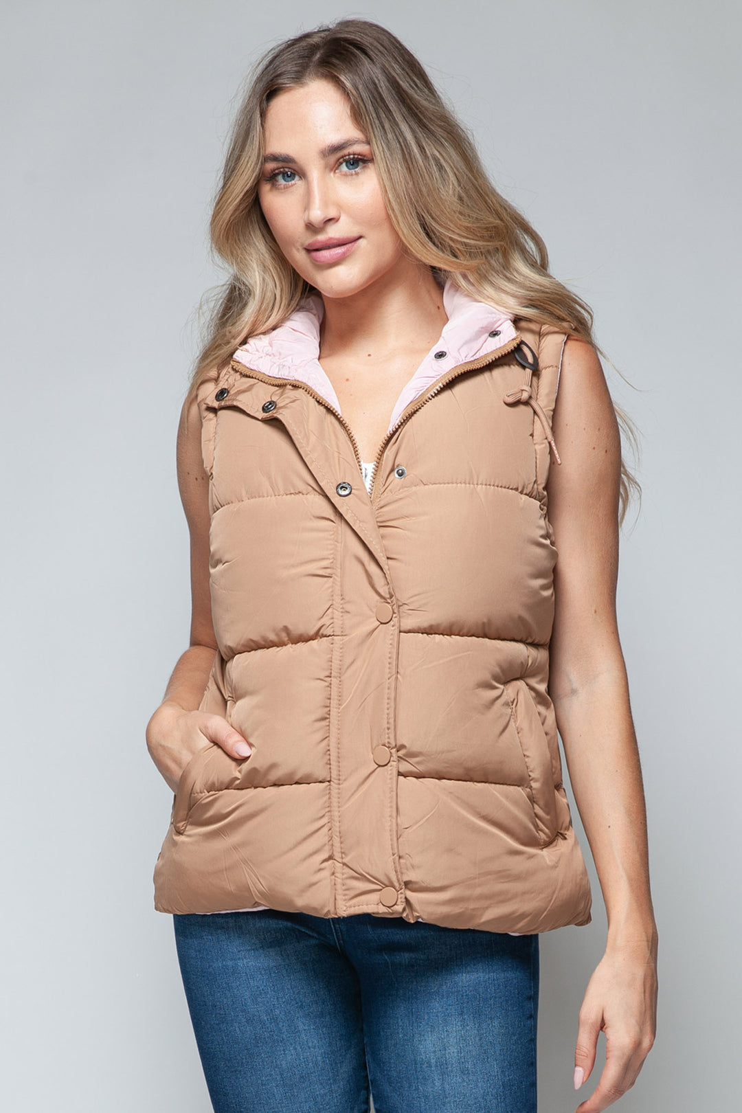 Snobbish - Hooded Puffer Vest - Camel and Pink - Inspired Eye Boutique