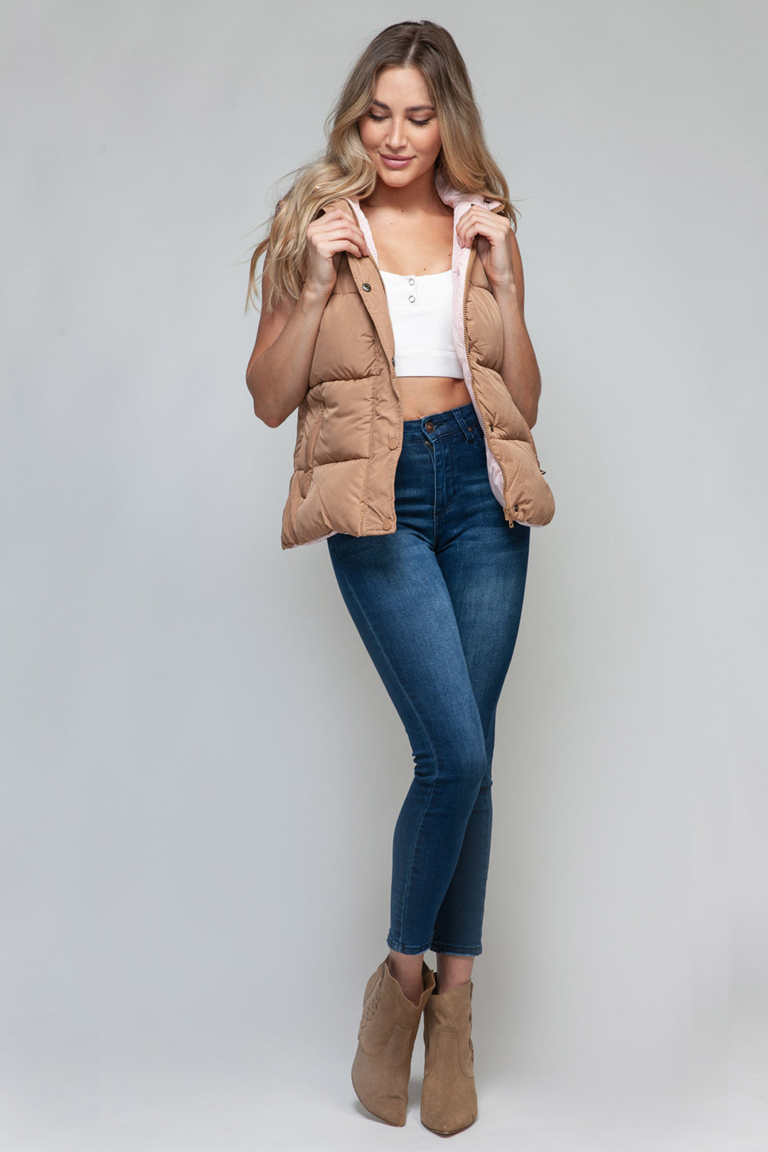 Snobbish - Hooded Puffer Vest - Camel and Pink - Inspired Eye Boutique