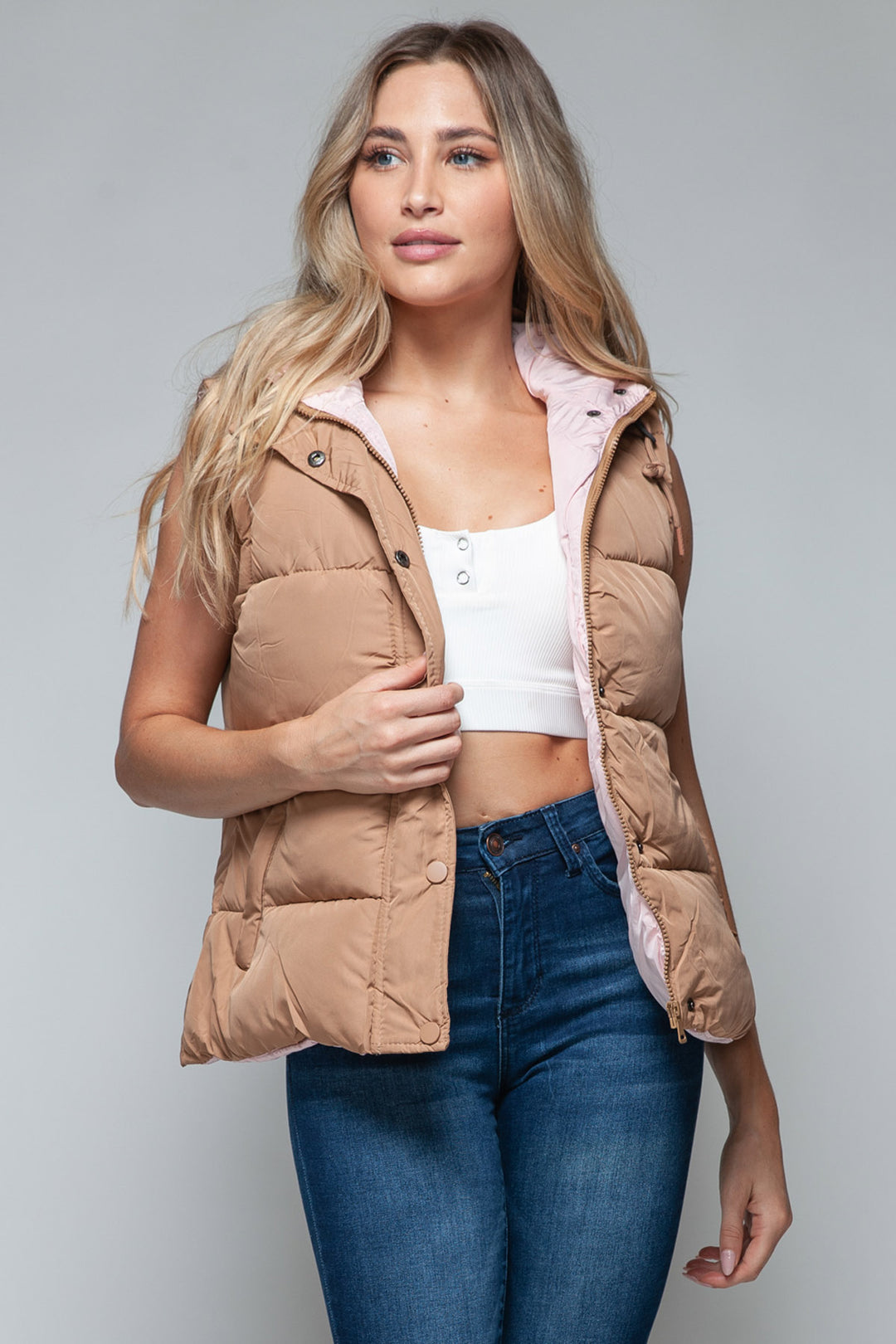 Snobbish - Hooded Puffer Vest - Camel and Pink - Inspired Eye Boutique