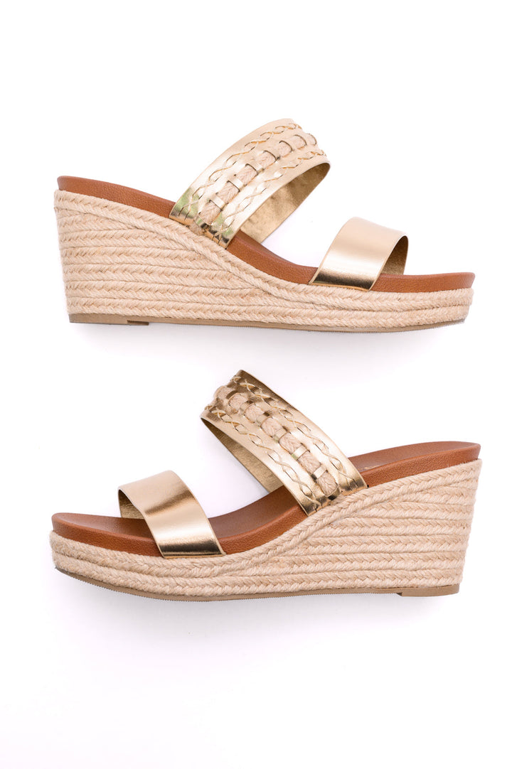 SODA - Gold Double Strap Wedge Sandals - Inspired Eye Boutique