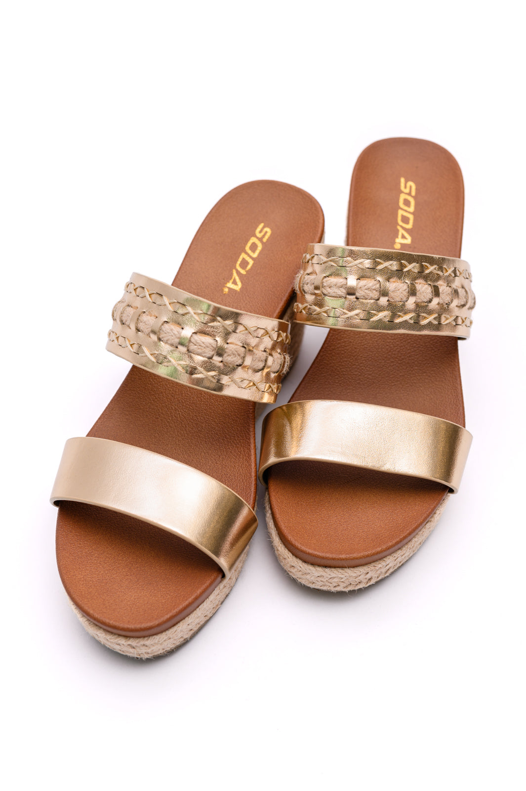 SODA - Gold Double Strap Wedge Sandals - Inspired Eye Boutique