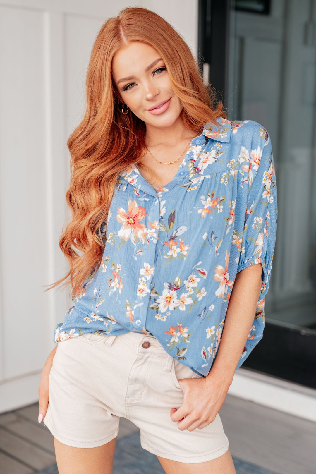 Tropical Blouse - Blue Floral Print - Inspired Eye Boutique