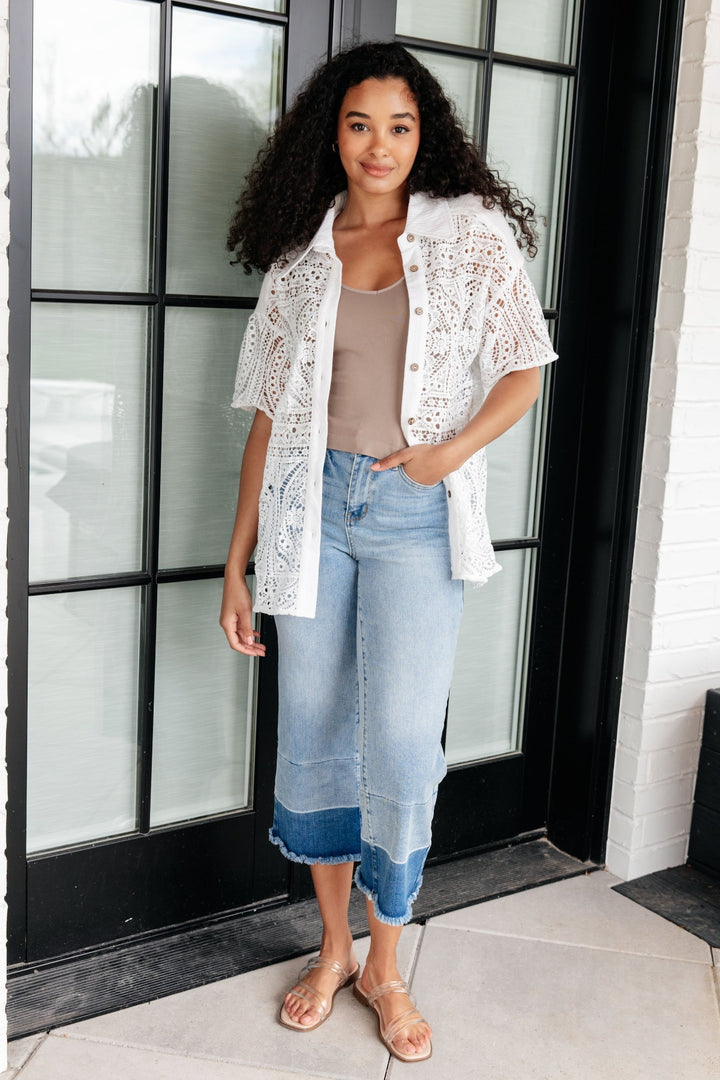 White Short Sleeve Button-Up Lace Top - Inspired Eye Boutique