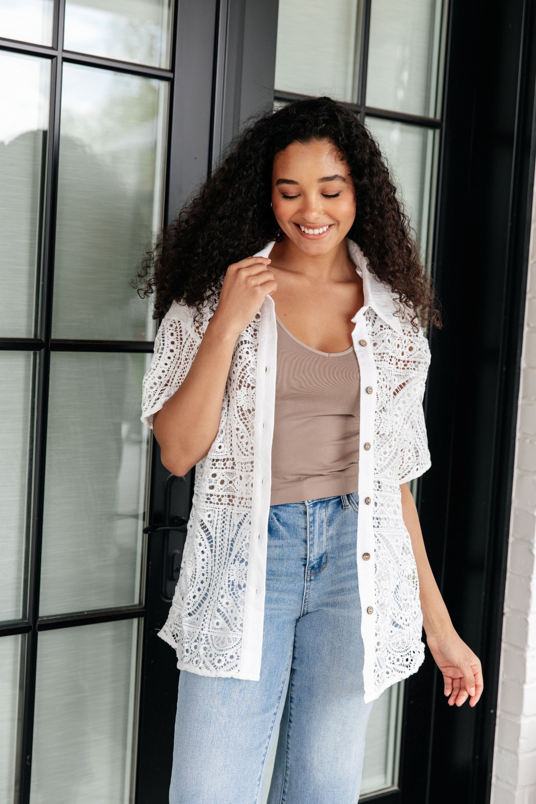 White Short Sleeve Button-Up Lace Top - Inspired Eye Boutique