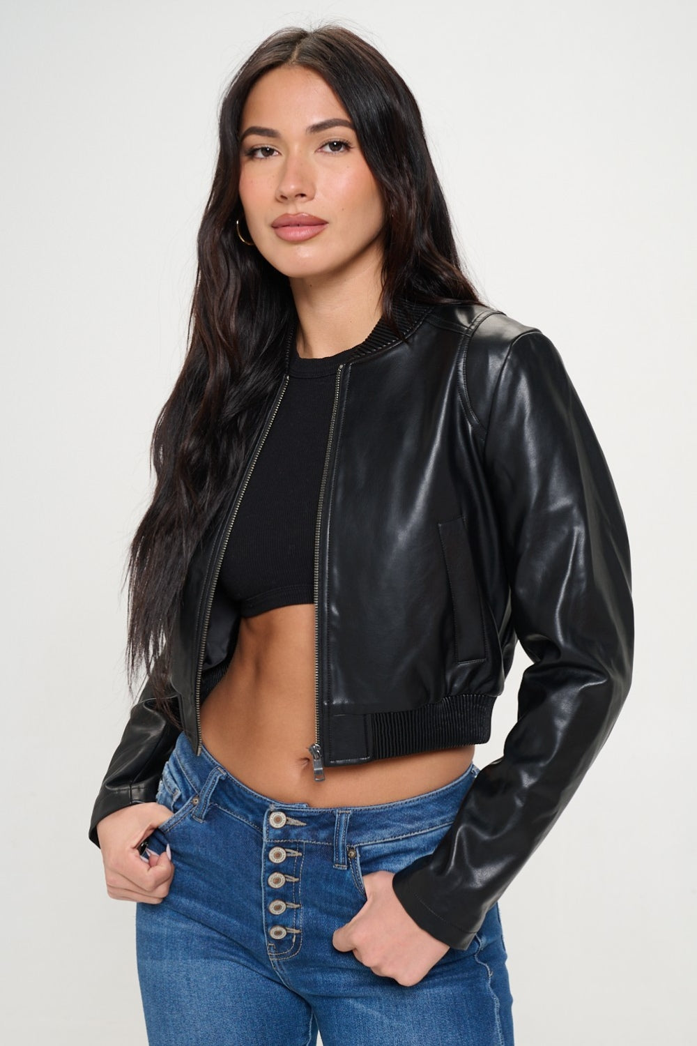 Womens Cropped Faux Leather Jacket - Black - Inspired Eye Boutique