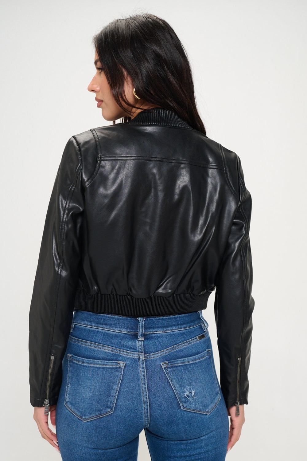 Womens Cropped Faux Leather Jacket - Black - Inspired Eye Boutique