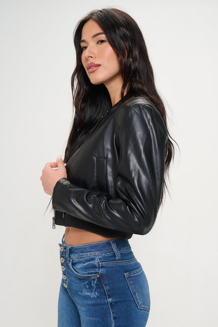 Womens Cropped Faux Leather Jacket - Black - Inspired Eye Boutique