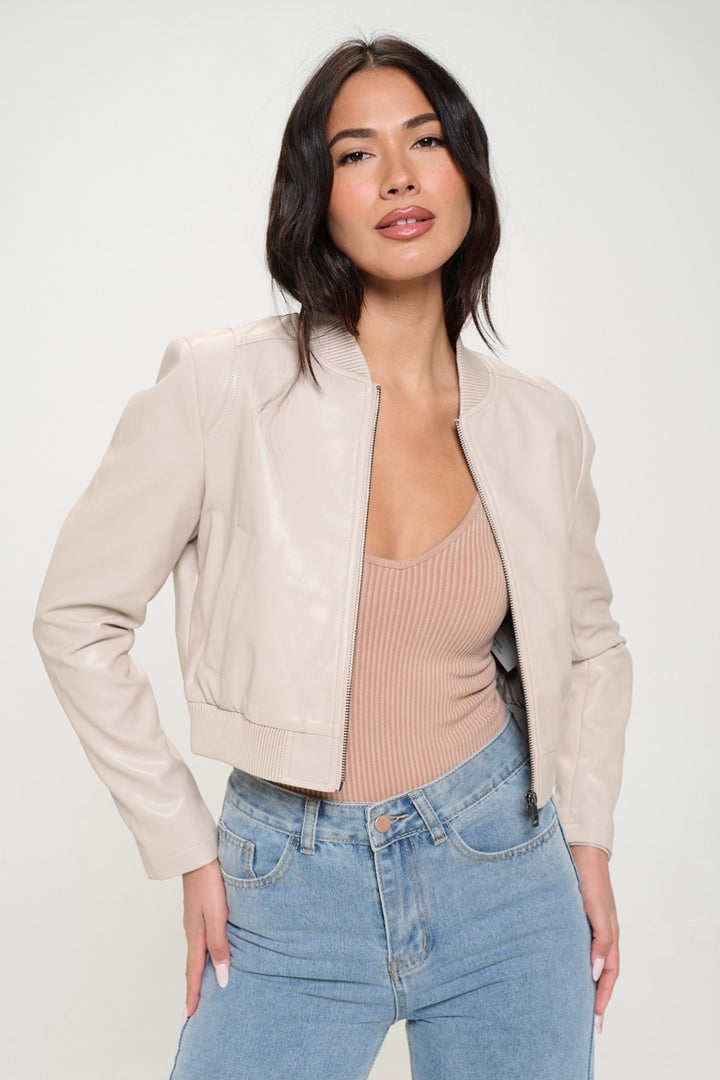 Womens Cropped Faux Leather Jacket - Cream - Inspired Eye Boutique