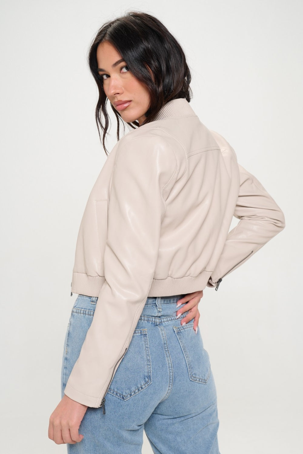 Womens Cropped Faux Leather Jacket - Cream - Inspired Eye Boutique