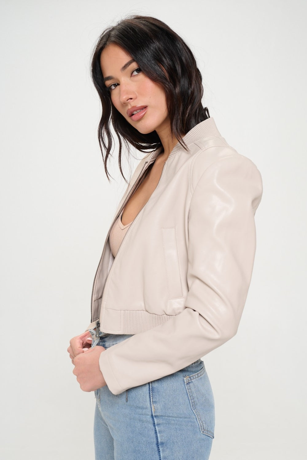 Womens Cropped Faux Leather Jacket - Cream - Inspired Eye Boutique