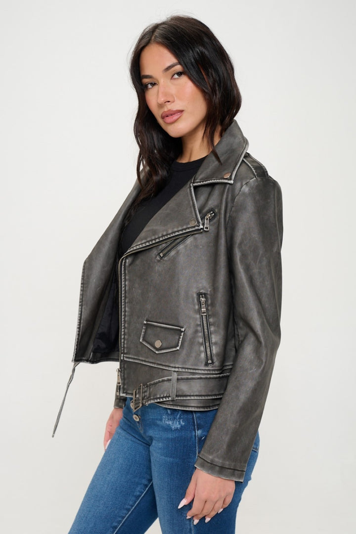 Womens Faux Leather Biker Jacket with Belt - Black - Inspired Eye Boutique