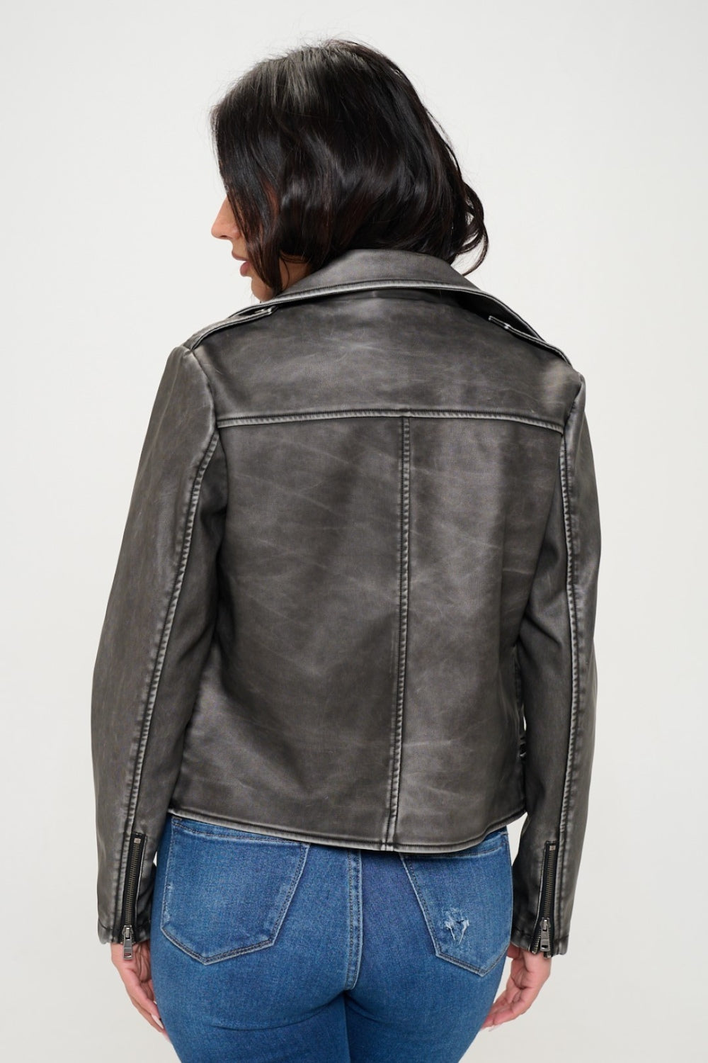 Womens Faux Leather Biker Jacket with Belt - Black - Inspired Eye Boutique