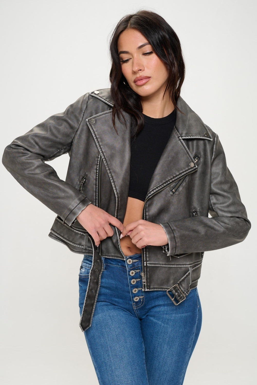 Womens Faux Leather Biker Jacket with Belt - Black - Inspired Eye Boutique