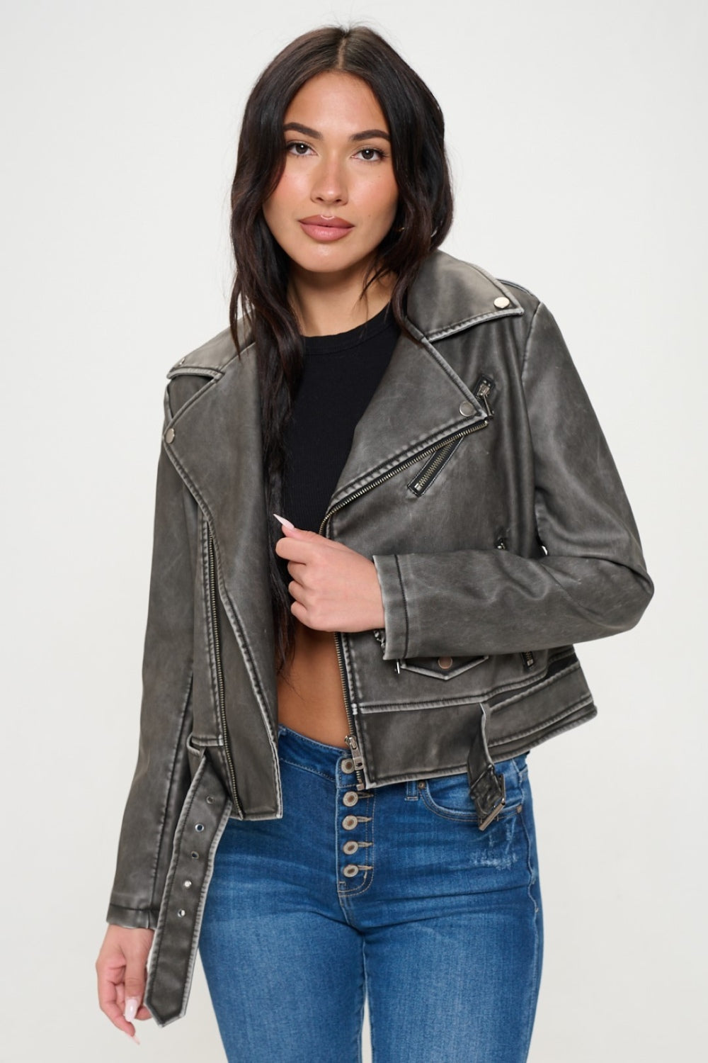 Womens Faux Leather Biker Jacket with Belt - Black - Inspired Eye Boutique