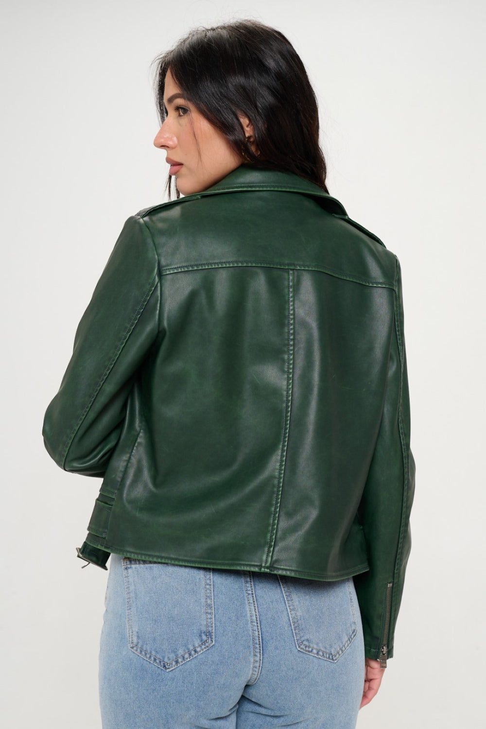 Womens Faux Leather Biker Jacket with Belt - Green - Inspired Eye Boutique