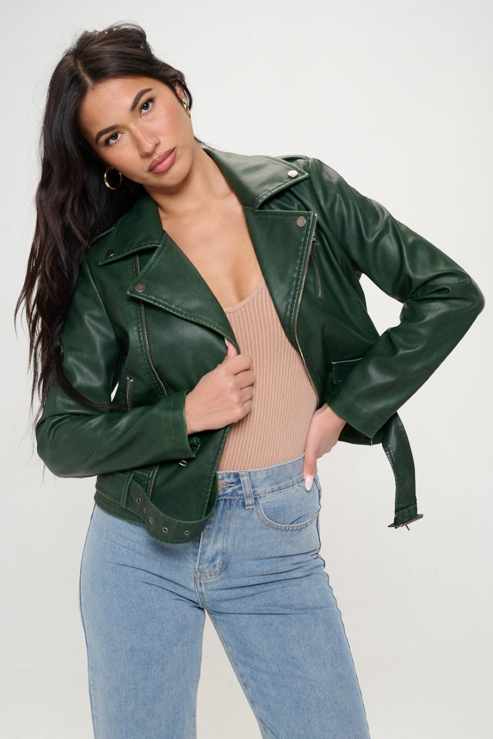 Womens Faux Leather Biker Jacket with Belt - Green - Inspired Eye Boutique