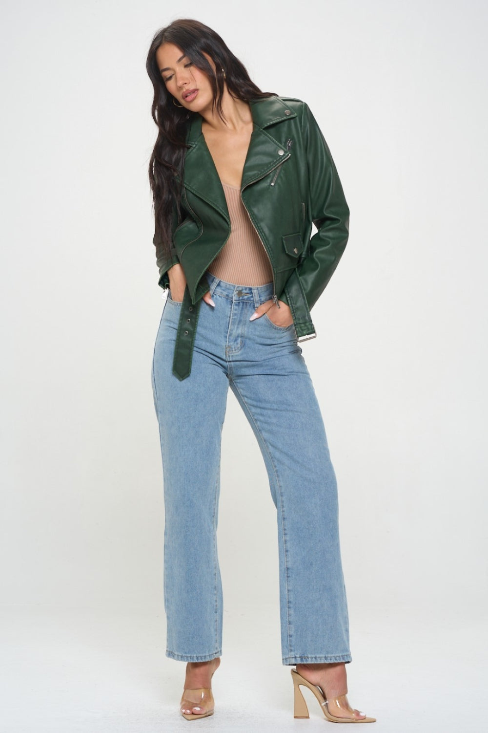 Womens Faux Leather Biker Jacket with Belt - Green - Inspired Eye Boutique