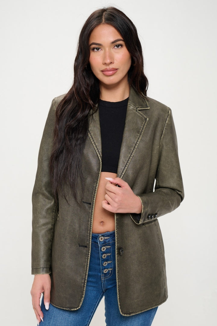 Womens Faux Leather Blazer - Olive Brown - Inspired Eye Boutique