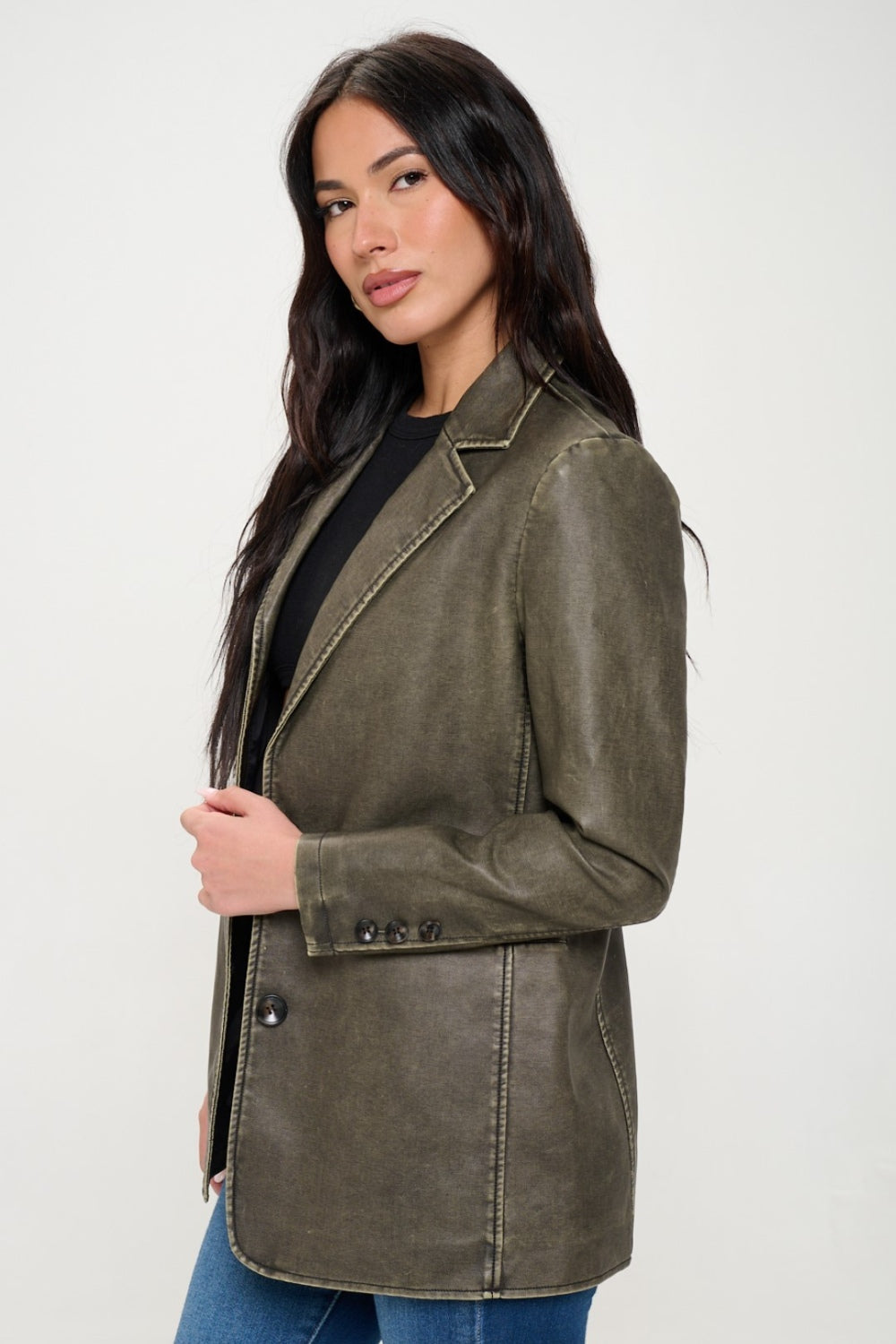 Womens Faux Leather Blazer - Olive Brown - Inspired Eye Boutique