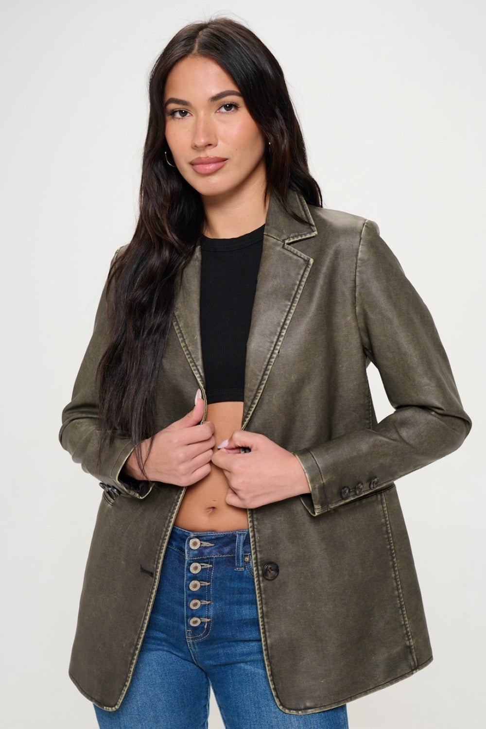 Womens Faux Leather Blazer - Olive Brown - Inspired Eye Boutique