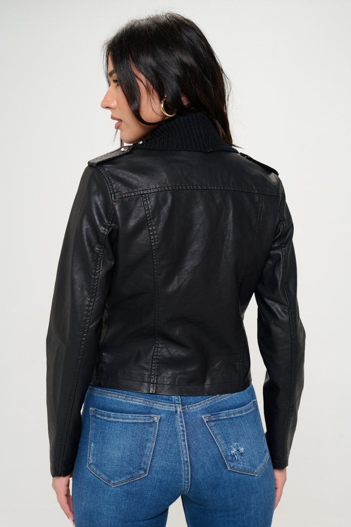 Womens Faux Leather Jacket with Shawl - Black - Inspired Eye Boutique