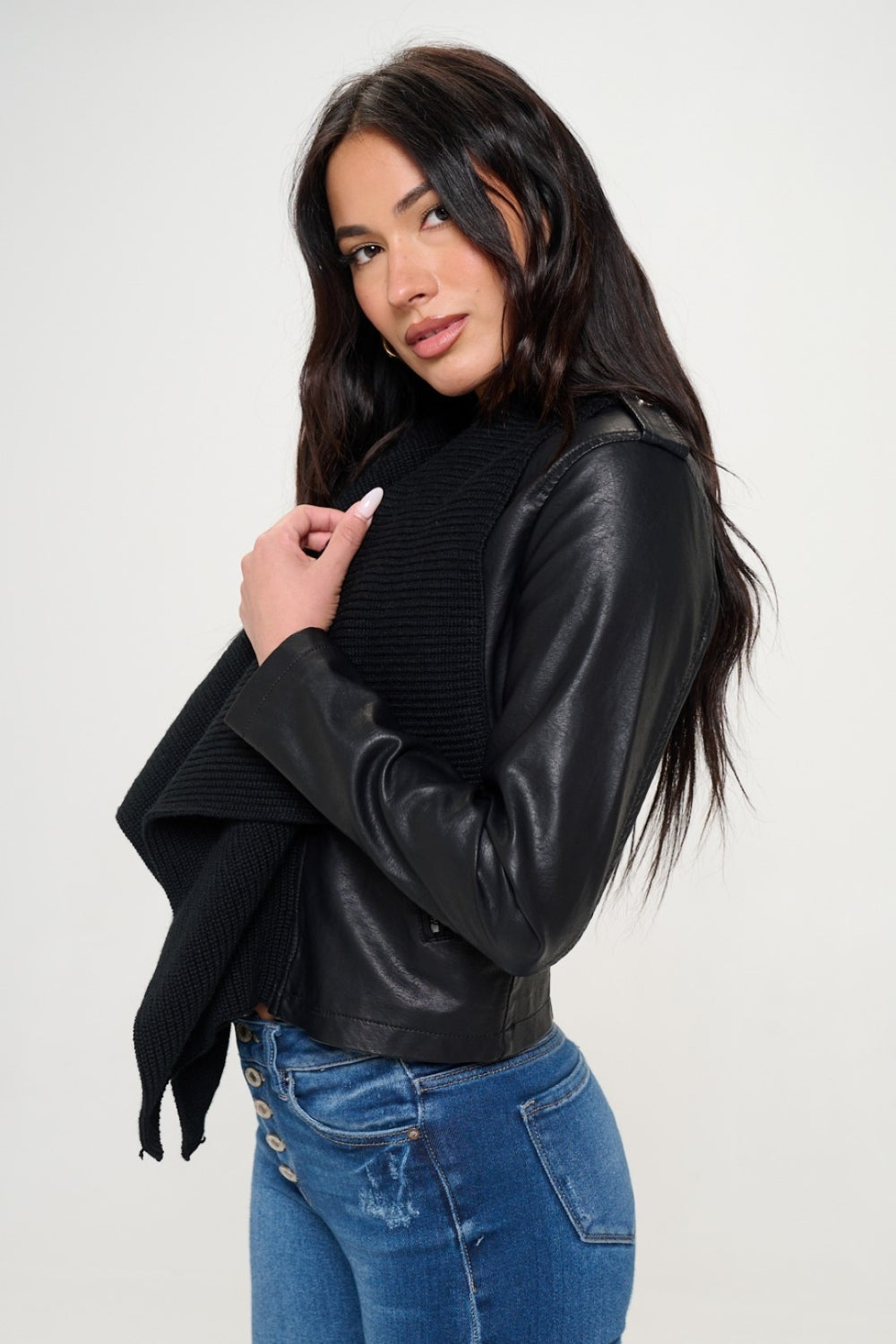 Womens Faux Leather Jacket with Shawl - Black - Inspired Eye Boutique