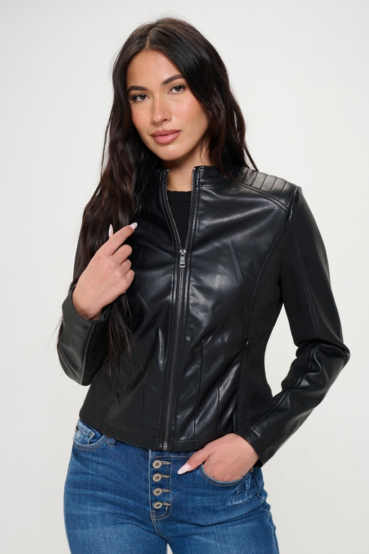 Womens Faux Leather Moto Jacket - Black - Inspired Eye Boutique