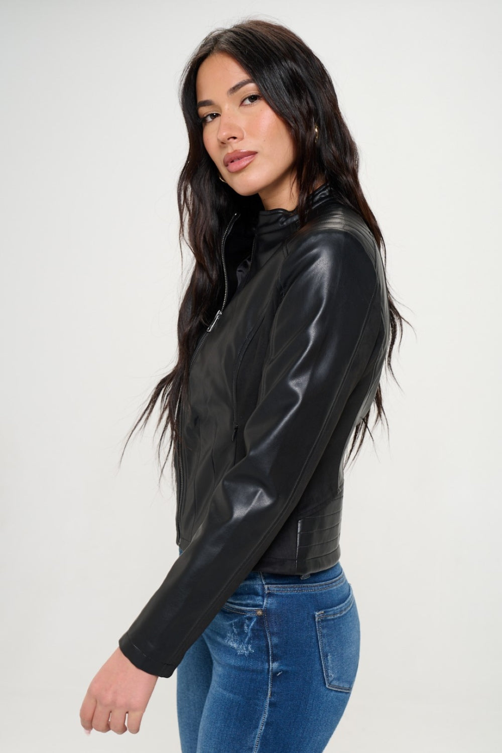 Womens Faux Leather Moto Jacket - Black - Inspired Eye Boutique