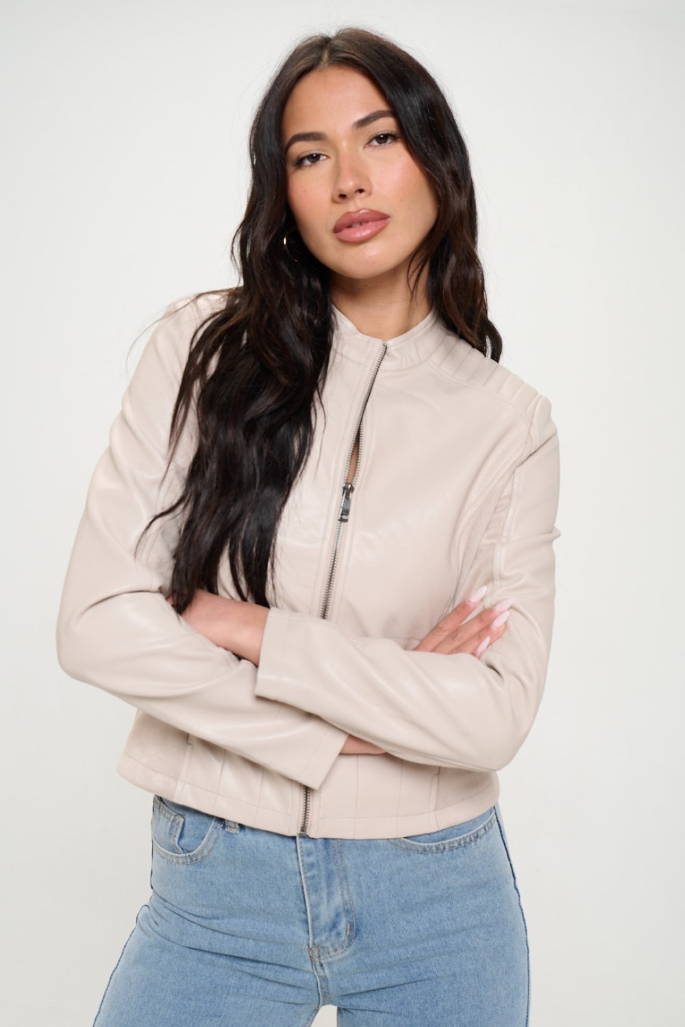 Womens Faux Leather Moto Jacket - Cream - Inspired Eye Boutique