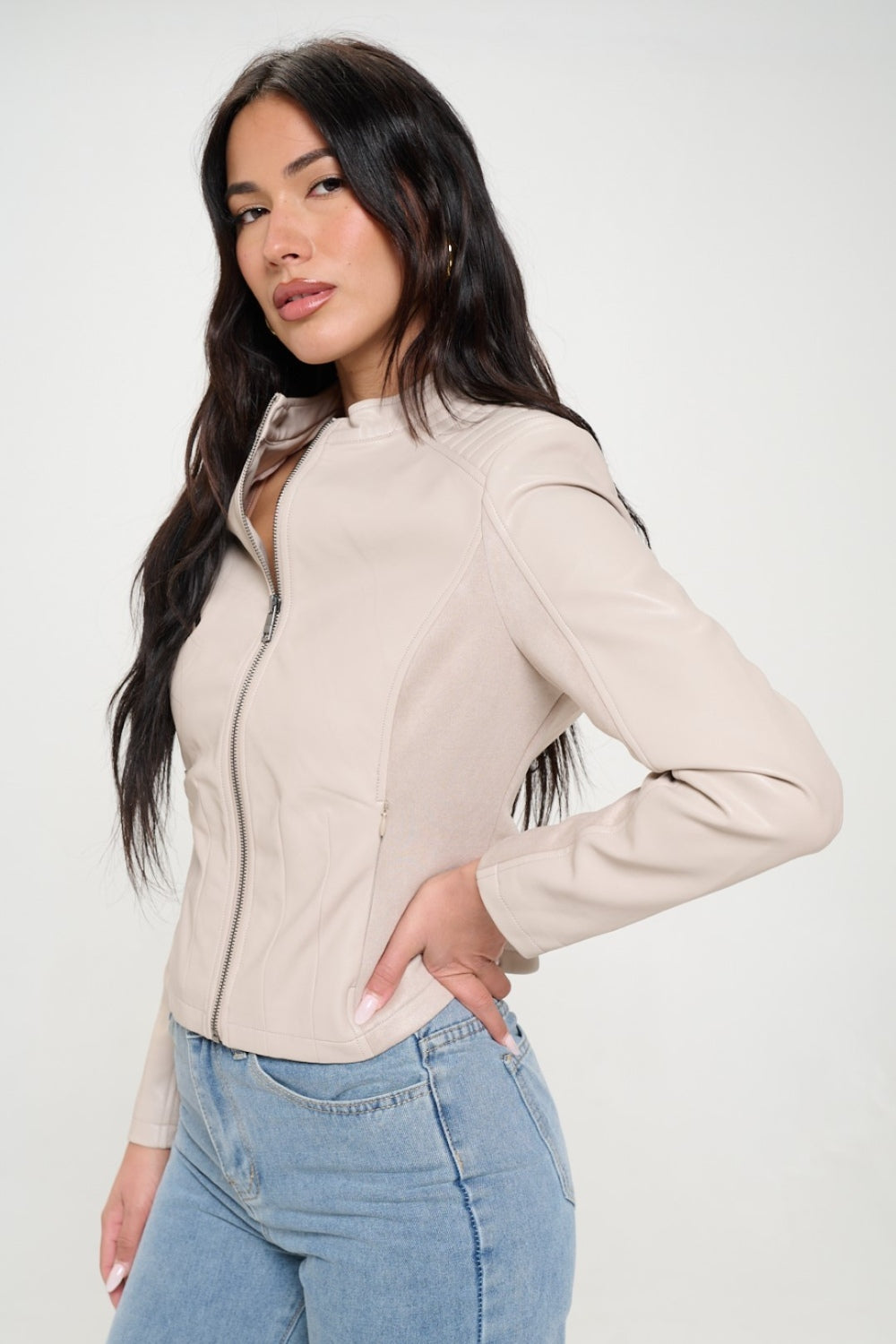 Womens Faux Leather Moto Jacket - Cream - Inspired Eye Boutique